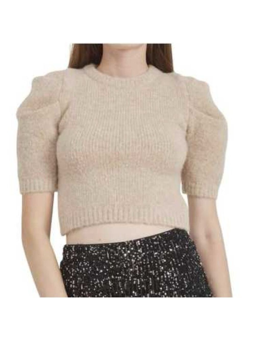 Jacquie the Label Puff Short Sleeve Knit Cropped Sweater Top